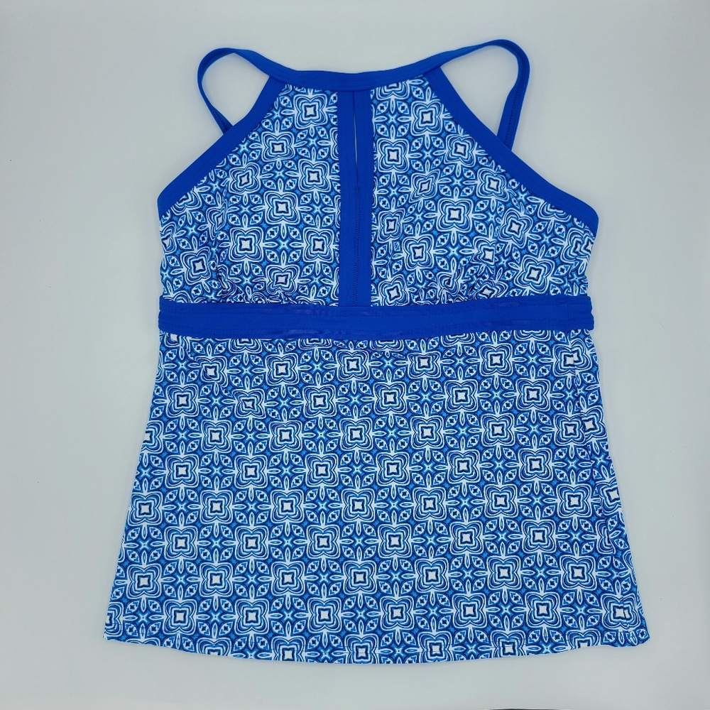 Lands' End Keyhole High Neck Tankini Top Fresh Boreal Blue Tile Print Petite 2P